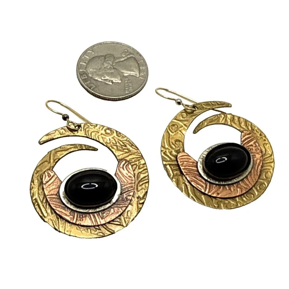 VTG Copper Brass Black Onyx Cabochon Swirl Earrings Tribal Boho 2” Mixed Metals